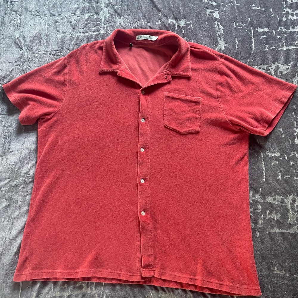 Criquet Men’s Terry Cloth Button Front Polo Shirt XL Coral Red Pocket Casual